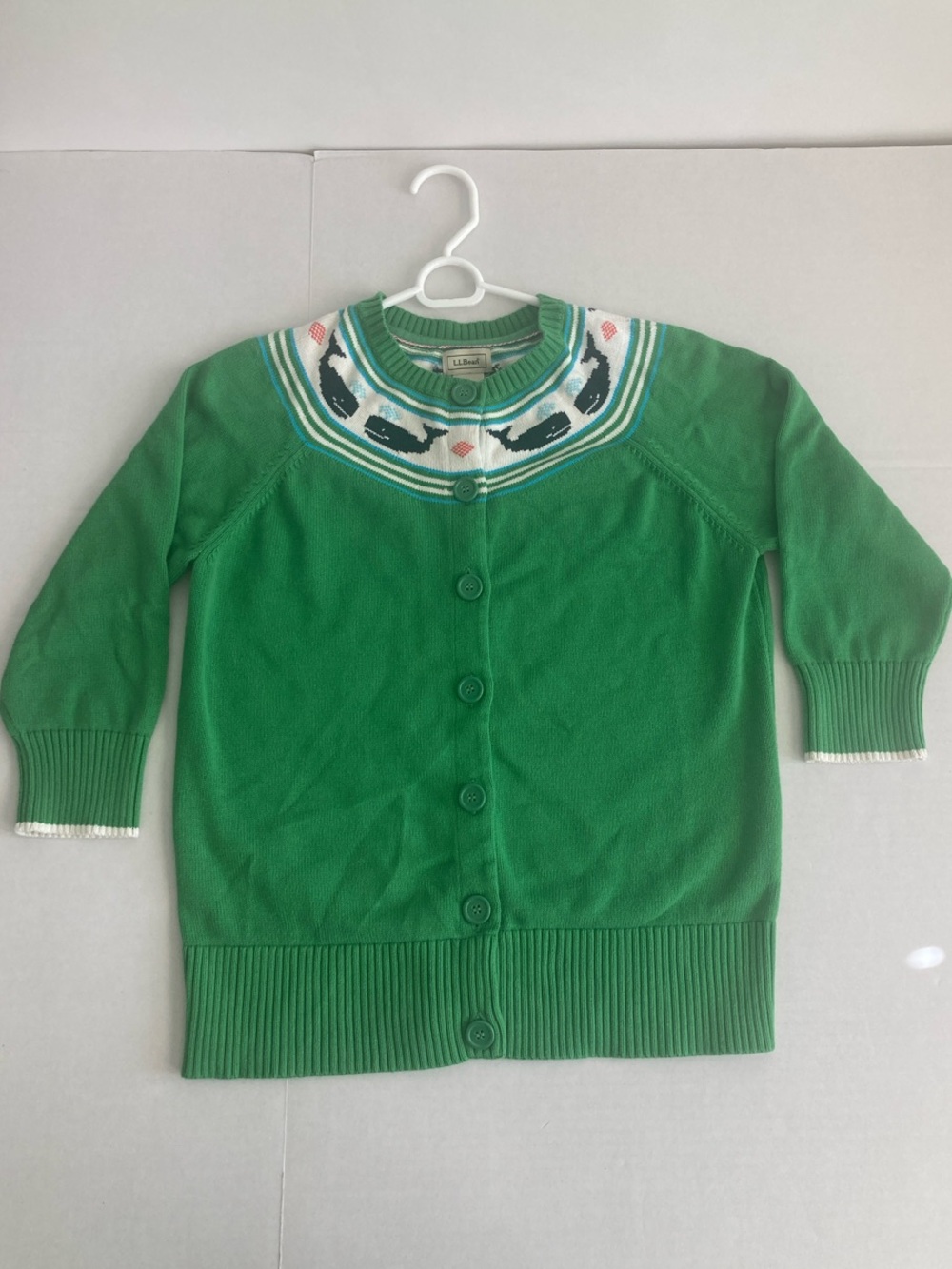 L.L. Bean Green Cardigan with Whale Yoke